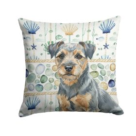 Blue and Tan Border Terrier Coastal Sea Glass Throw Pillow Decorative Indoor Outdoor Accent Cushion for Couch, Bed or Patio, 14Hx14W