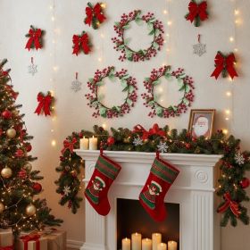 3PCS Set 13in Christmas Door Wreaths With Pine Cones Greenery Artificial Plants Garland Red Berry Full Dense Holiday Home Decor Indoor Outdoor (Option: Green and red)