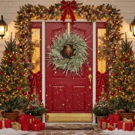 24in Christmas Pine Wreath With Pinecones & Greenery Artificial Plants Garland Holiday Door Decor Pre-Lit Or Natural Style For Festive Home Decor (Option: GREEN)