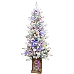 4ft Pre-lit Potted Porch Christmas Tree Small Slim Christmas Tree With Multicolor Lights Twinkle Potted Xmas Tree With Mixed PE, Metal Glint Basi (Option: 4FT)