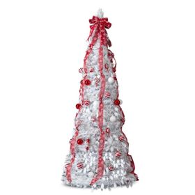 6 FT Fully Decorated Pre-lit Christmas Tree, Up Artificial Xmas Tree With 100 Warm Lights And Red Ornaments For Home Office Store Holiday Deco, W (Option: White)