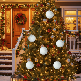 6PCS Set 4in Christmas Ball Ornaments Cream Ruffle Tree Hanging Decorations For Holiday Home Party Wedding Indoor Outdoor Decor (Option: White)