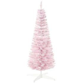 HOMCOM 5' Snow Flocked Artificial Pencil Christmas Tree, Slim Xmas Tree With Realistic Branches And Plastic Base Stand For Indoor Decoration, Pin (Option: Pink)