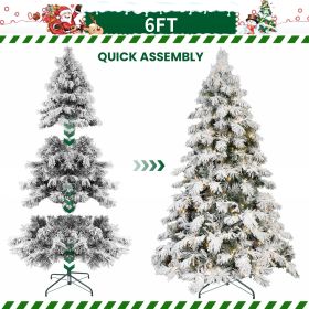5FT 6FT 7FT 8FT Prelit Flocked Christmas Tree With Light, Snowy Pine Design, Warm White LED Lights, Hinged Branches, Metal Stand, Realistic Artif (Option: 6ft)
