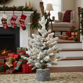 2FT Flocked Christmas Tree Artificial Plants Natural 30 Warm White LED Lights 3 Pine Cones Pot Base PVC Branches Tabletop Holiday Home Decor (Option: Green and White)