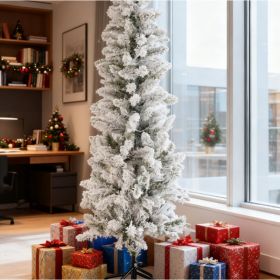 Pencil Christmas Tree, Prelighted Artificial Slim Christmas Trees With 250 Incandescent Lights, 571 Branch Tips & Foldable Base (Option: White flocking 9FT)