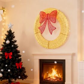 Christmas Wreath Decoration, LED Metal Holiday Decoration In Green Yellow (Option: Gold35IN)