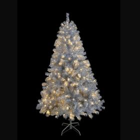 6FT Sliver Pre-Lit Artificial Christmas Tree, Hinged Full Tree With Metal Stand, 800 Branch Tips, 300 LED Lights,11 Lighting Modes, Holiday Decor (Option: 6FT Sliver)