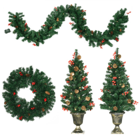 HOMCOM Prelit Holiday Christmas 4-Piece Set, Garland Wreath And Set Of 2 Entrance Trees With Warm White LED Lights, Red Berries, Pine Cones, Gree (Option: GREEN)