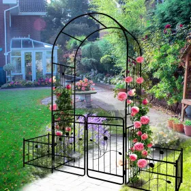 Metal Garden Arch With Gate 79.5'' Wide X 86.6'' High Climbing Plants Support Rose Arch Outdoor Black (Option: black)