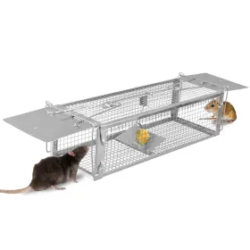 Dual Door Rat Trap Cage Humane Live Rodent Dense Mesh Trap Cage Zinc Electroplating Mice Mouse Control Bait Catch With 2 Detachable U Shaped Rod (Option: Silver)